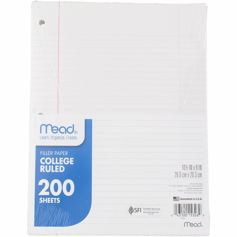 Mead Filler Paper, College Ruled, 10.5in X 8in, 200 Ct