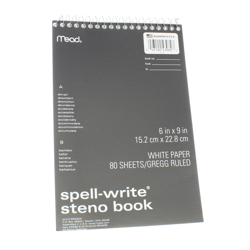 Mead Spell-Write Wirebound Steno Book, Gregg Ruled, 6in X 9in, 80 Sheets, White