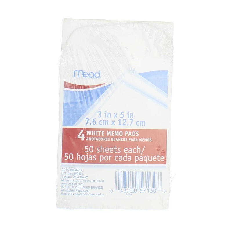 Mead Memo Pads, 3in X 5in, 50 Sheets, White, 4 Ct