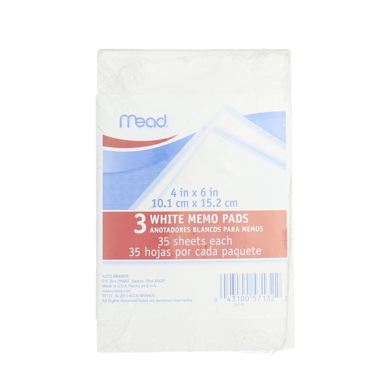 Mead Memo Pads, 4in X 6in, 35 Sheets, White, 3 Ct