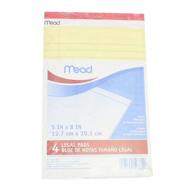 Mead Junior Legal Pad, 5in X 8in, 50 Sheets, Canary, 4 Ct