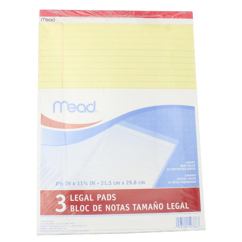 Mead Legal Pad, Wide Ruled, 8.5in X 11in, 50 Sheets, Canary, 3 Ct