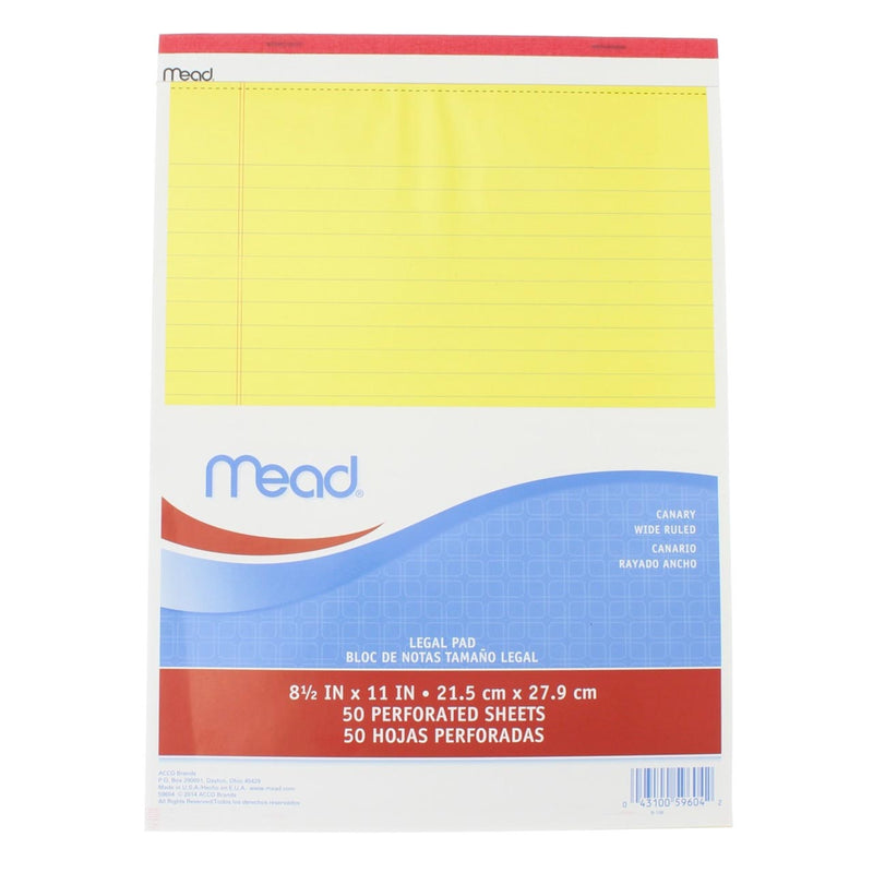 Mead Legal Pad, Wide Ruled, 8.5in X 11in, 50 Sheets, Canary