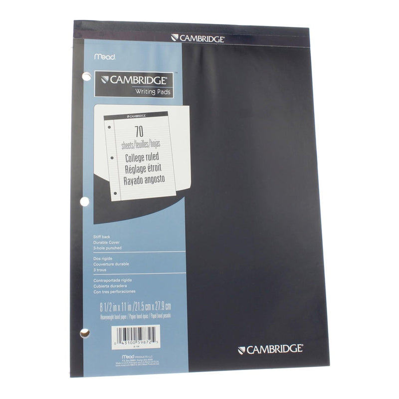 Cambridge Stiff-Back Legal Pad, College Ruled, 8.5in X 11in, 70 Sheets, White