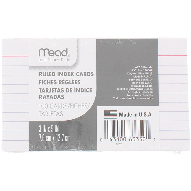 Mead Index Cards, Ruled, 3in X 5in, 100 Ct