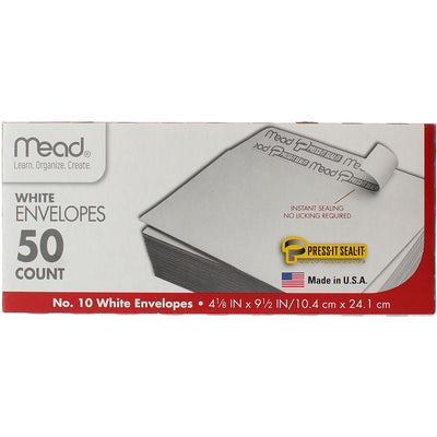 Mead Press-It Seal-It White Envelopes, 4.125in X 9.5in, #10, 50 Ct