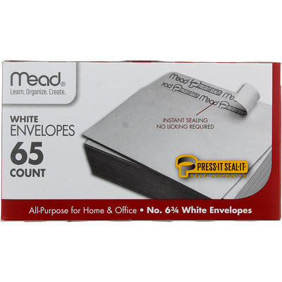 Mead Press-It Seal-It White Envelopes, 3.625in X 6.5in, #6.75, 65 Ct