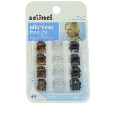 Scunci Effortless Beauty Everyday Fashion Jaw Clips, Tortoise, Clear & Black, 12 Ct