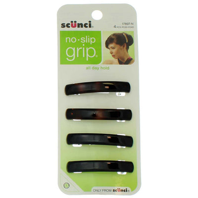 Scunci No Slip Grip All Day Hold No Slip Grip Hair Barrettes, Tortoise and Black, 4 Ct