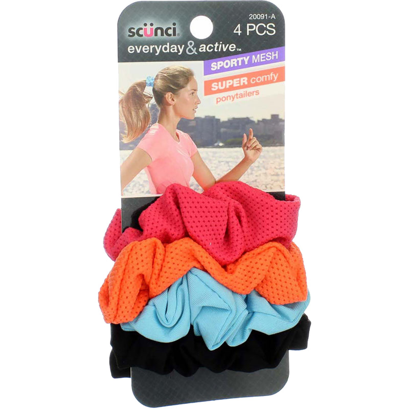 Scunci Everyday & Active Sporty Mesh Hair Scrunchies, Assorted Colors, 4 Ct