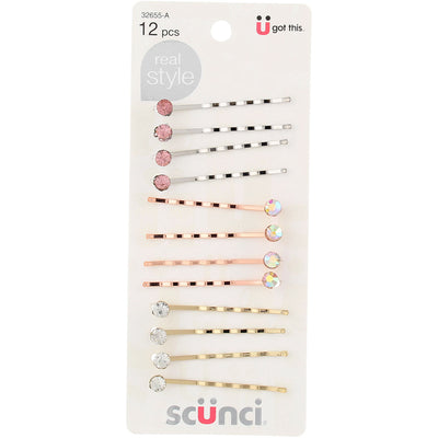 Scunci Real Style Bobby Pins, Assorted Metal Stone, 12 Ct