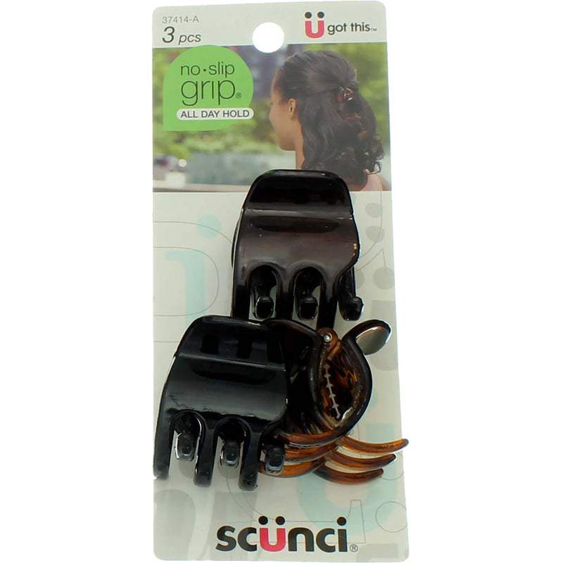 Scunci No Slip Grip All Day Hold Jaw Clip, Brown, 3 Ct