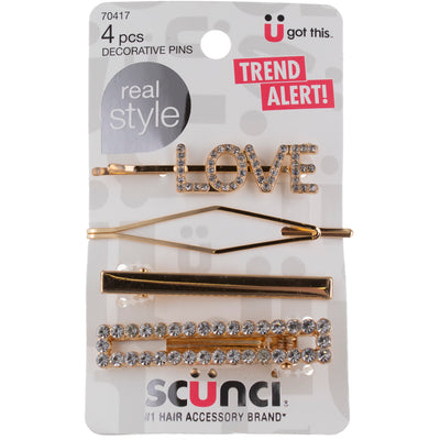 Scunci Real Style Decorative Trend Alert! Hair Pins, Metallic Gold, 4 Ct