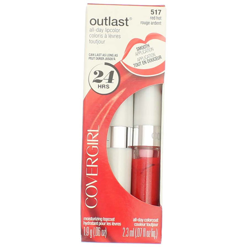 CoverGirl Outlast All-Day Lip Color, Red Hot, 0.07 fl oz, 2 Ct