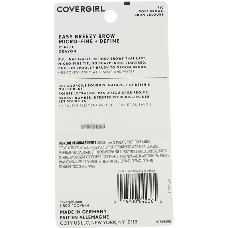 CoverGirl Easy Breezy Brow Micro-Fine Fill + Define Washable Pencil, Soft Brown 710, 0.003 oz
