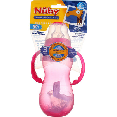 Nuby 3 Stage Baby Bottle with Handles, 3m+, Standard Neck, 11 oz