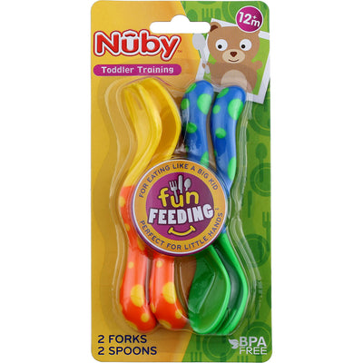 Nuby Fun Feeding Fork & Spoon, 12m+, 4 Ct