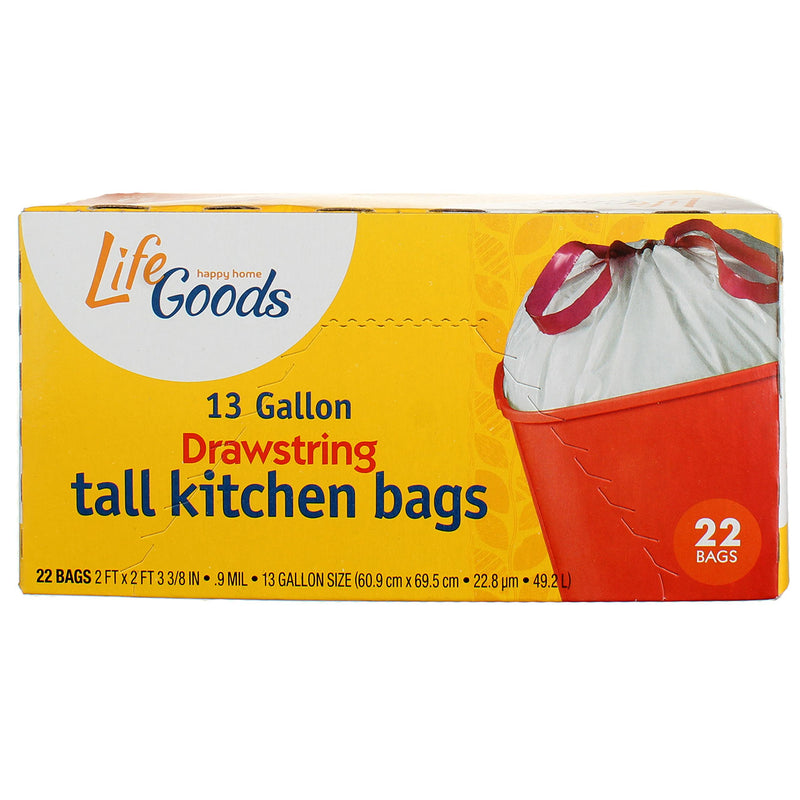 Life Goods Happy Home 13 Gallon Drawstring Tall Kitchen Bags, 22 Ct