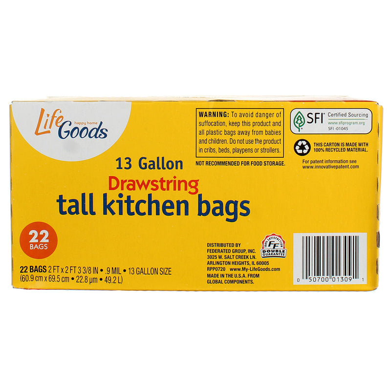 Life Goods Happy Home 13 Gallon Drawstring Tall Kitchen Bags, 22 Ct