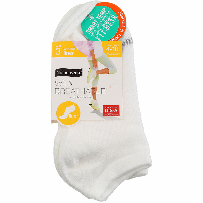 No Nonsense Soft & Breathable Liner Socks, White, Size 4-10, 3 Ct