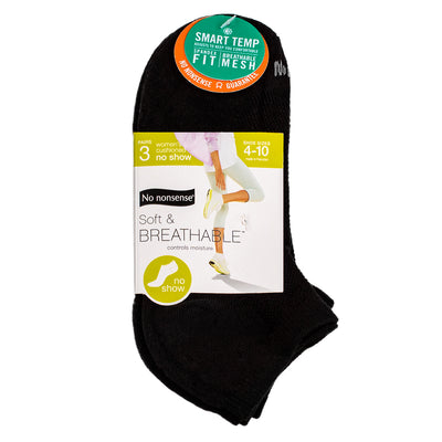 No Nonsense Soft & Breathable No Show Cushioned Socks, Black, Size 4-10, 3 Ct
