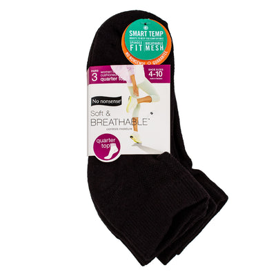 No Nonsense Soft & Breathable Quarter Top Cushioned Socks, Black, Size 4-10, 3 Ct