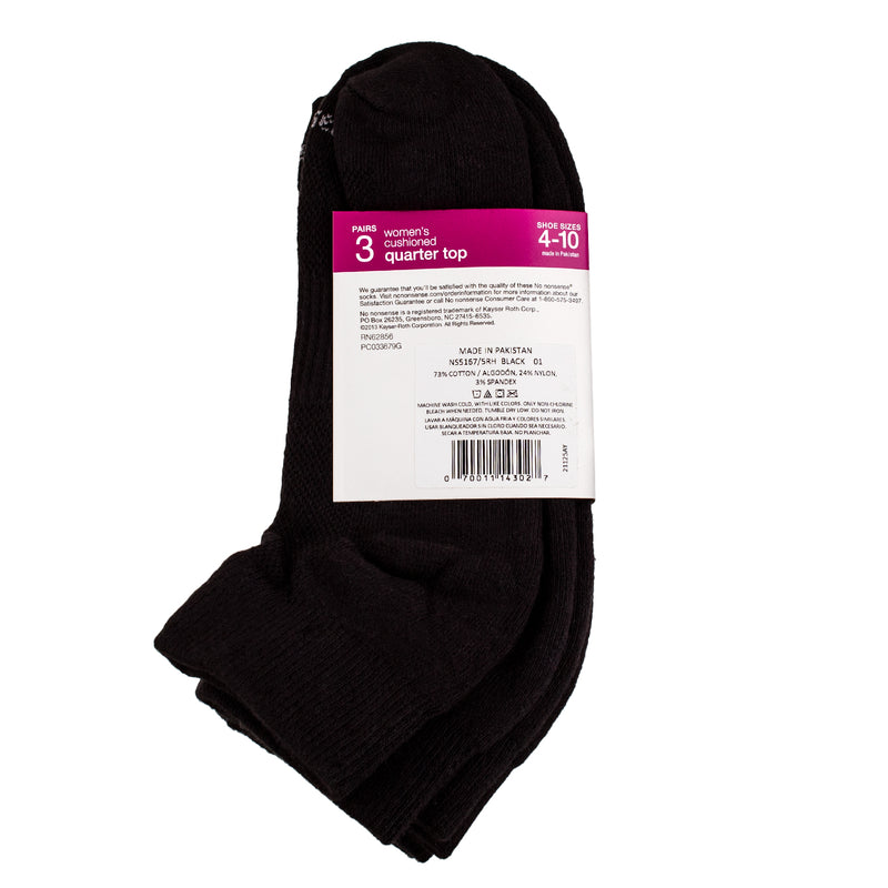 No Nonsense Soft & Breathable Quarter Top Cushioned Socks, Black, Size 4-10, 3 Ct