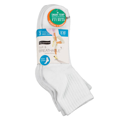 No Nonsense Soft & Breathable Mini Crew Cushioned Socks, White, Size 4-10, 3 Ct