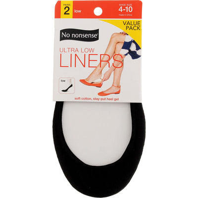 No Nonsense Ultra Low Liners, Black, Size 4-10, Low, 2 Ct