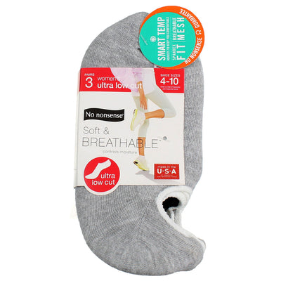 No Nonsense Soft And Breathable Women's Ultra Low Cut Low Cut Socks, Grey, Size 4-10, 6 Ct