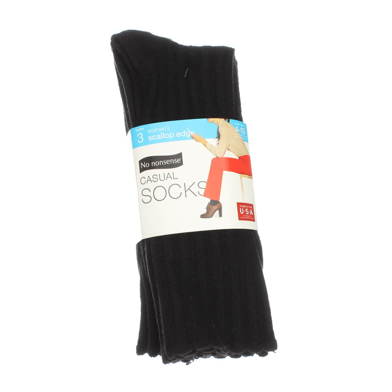 No Nonsense Casual Scallop Edge Socks, Black, Size 4-10, 3 Ct