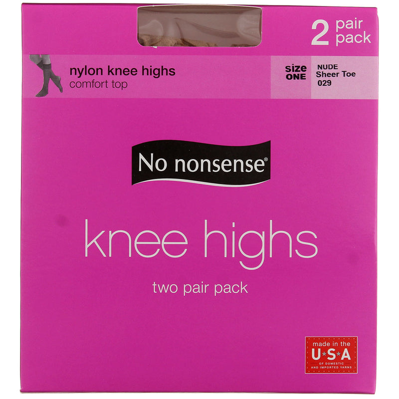 No Nonsense Comfort Top Nylon Knee Highs, Nude 29, Size One, Sheer Toe, 2 Ct