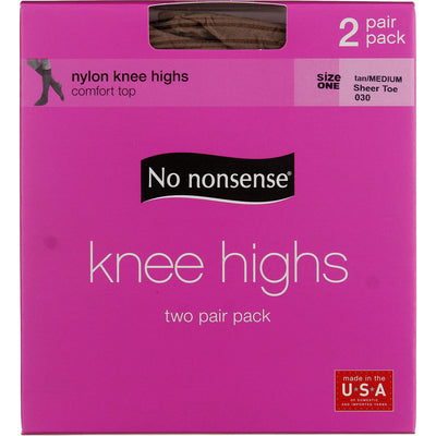 No Nonsense Comfort Top Nylon Knee Highs, Tan/Medium 30, Size One, Sheer Toe, 2 Ct