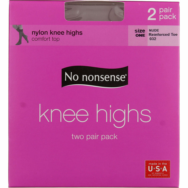 No Nonsense Comfort Top Nylon Knee Highs, Nude 32, Size One, Reinforced Toe, 2 Ct