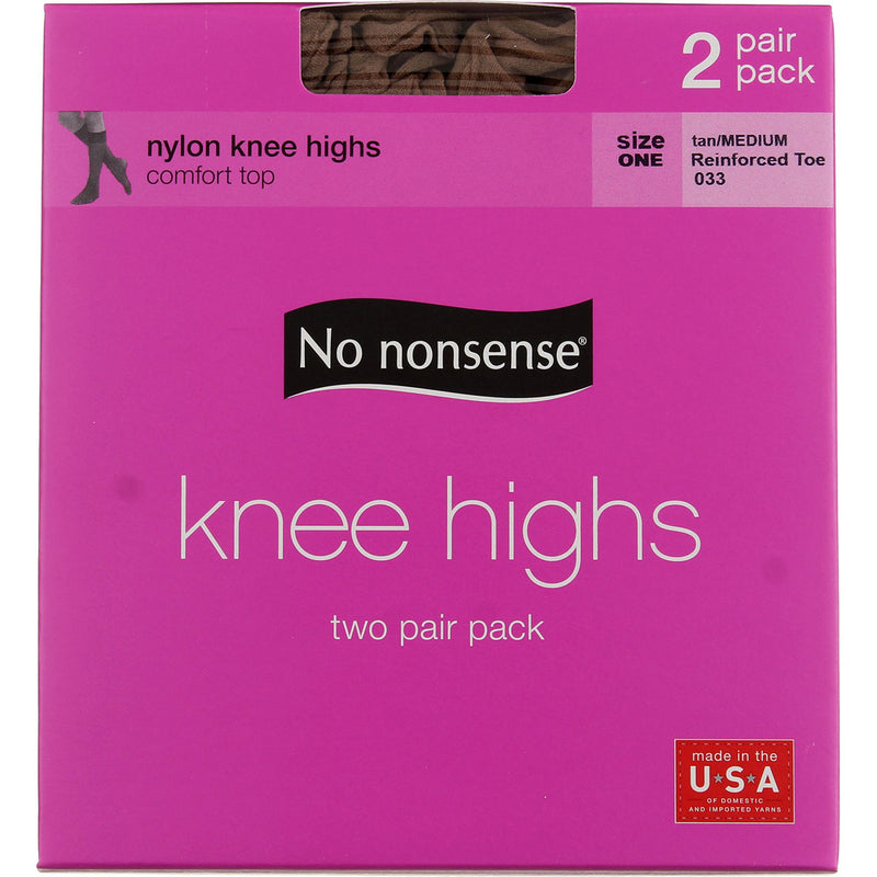 No Nonsense Comfort Top Nylon Knee Highs, Tan/Medium 33, Size One, Reinforced Toe, 2 Ct