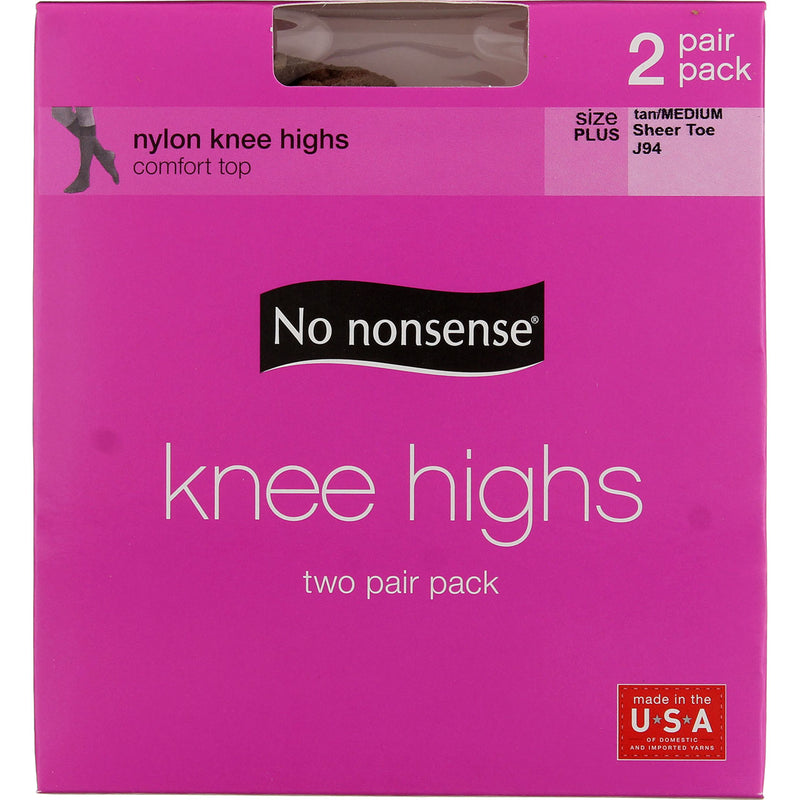 No Nonsense Comfort Top Nylon Knee Highs, Tan/Medium J94, Size Plus, Sheer Toe, 2 Ct