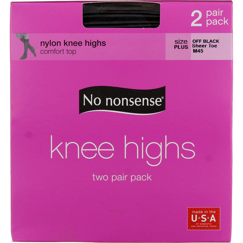 No Nonsense Comfort Top Nylon Knee Highs, Off Black M45, Size Plus, Sheer Toe, 2 Ct