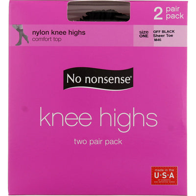 No Nonsense Comfort Top Nylon Knee Highs, Off Black M46, Size One, Sheer Toe, 2 Ct