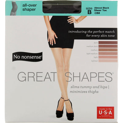 No Nonsense Great Shapes All-Over Shaper Pantyhose, Almost Black CB8, Size B, Sheer Toe