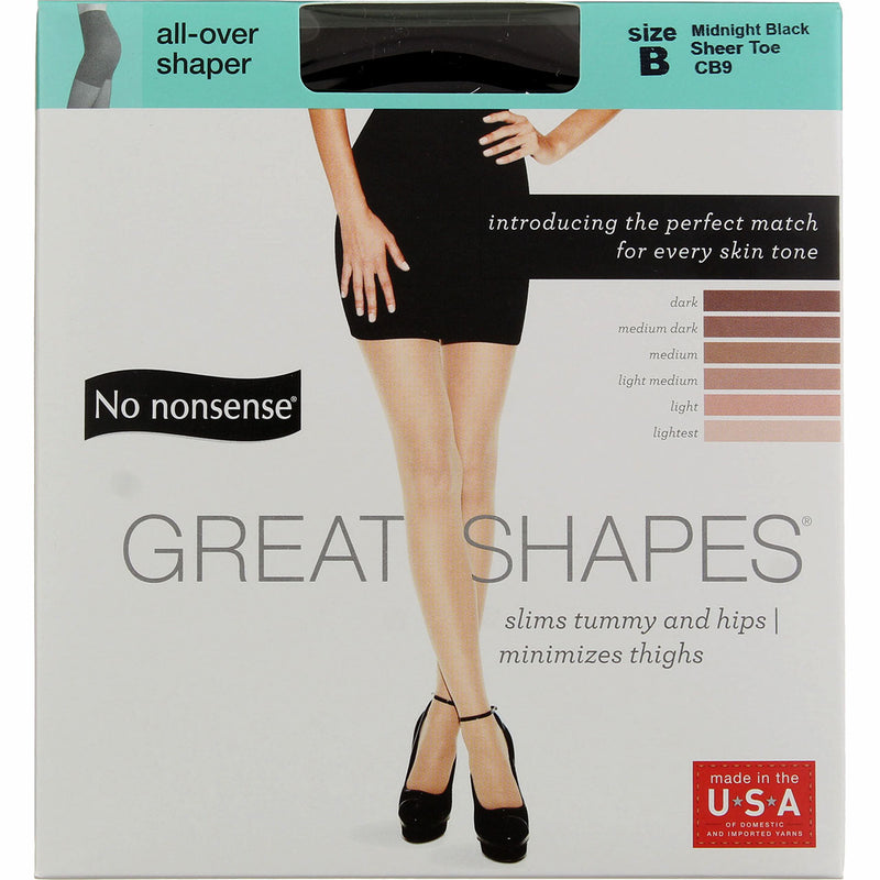 No Nonsense Great Shapes All-Over Shaper Pantyhose, Midnight Black CB9, Size B, Sheer Toe