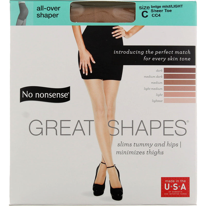 No Nonsense Great Shapes All-Over Shaper Pantyhose, Beige Mist/Light CC4, Size C, Sheer Toe