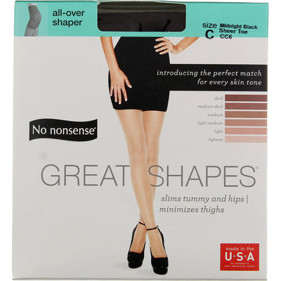 No Nonsense Great Shapes All-Over Shaper Pantyhose, Midnight Black CC6, Size C, Sheer Toe