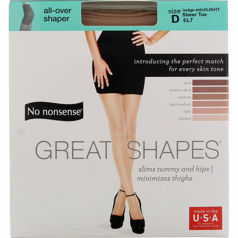 No Nonsense Great Shapes All-Over Shaper Pantyhose, Beige Mist/Light EL7, Size D, Sheer Toe