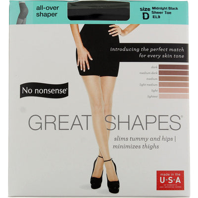 No Nonsense Great Shapes All-Over Shaper Pantyhose, Midnight Black EL9, Size D, Sheer Toe