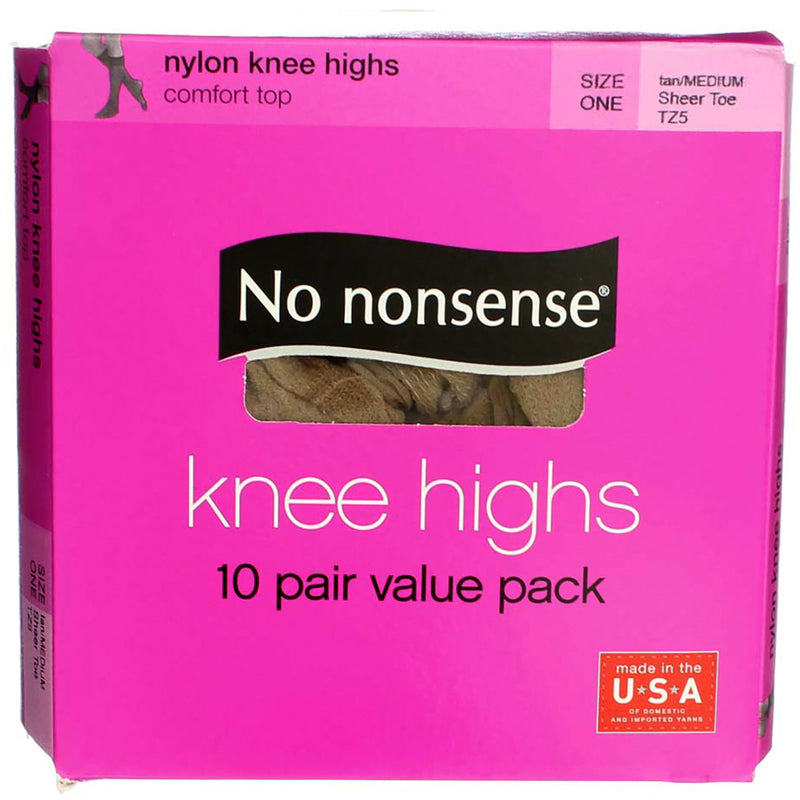 No Nonsense Comfort Top Nylon Knee Highs, Tan/Medium TZ5, Size One, Sheer Toe, 10 Ct