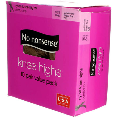 No Nonsense Comfort Top Nylon Knee Highs, Tan/Medium TZ5, Size One, Sheer Toe, 10 Ct