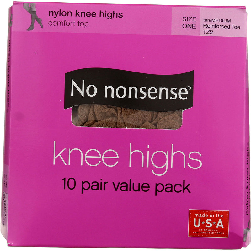 No Nonsense Comfort Top Nylon Knee Highs, Tan/Medium TZ9, Size One, Reinforced Toe, 10 Ct