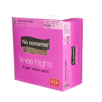 No Nonsense Comfort Top Nylon Knee Highs, Tan/Medium UA1, Size Plus, Sheer Toe, 8 Ct
