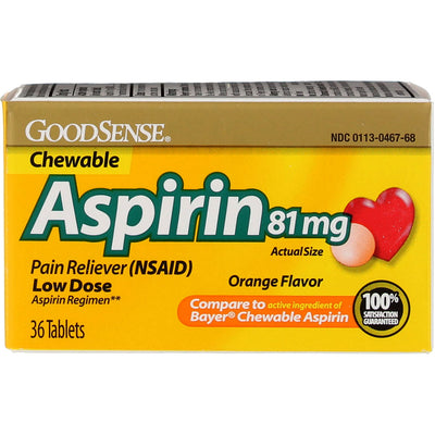 GoodSense Aspirin Pain Reliever Chewable Tablets, Orange, 81 mg, 36 Ct