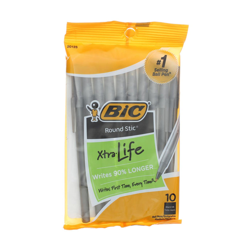 BiC Round Stic Xtra Life Ball Pen, Medium, Black 20123, 10 Ct